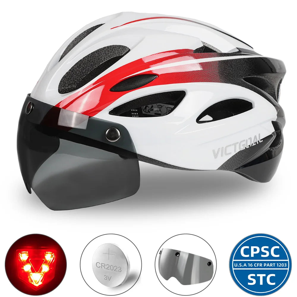 VICTGOAL Adults Bike Helmet Goggles LED Rear Light Men Women Cycling Helmet Road Bicycle Helmets MTB E-Bike Cap Scotter Headgear