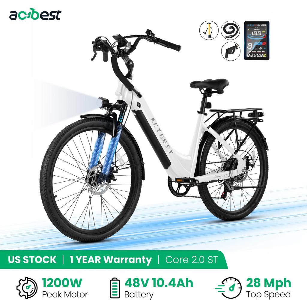 ActBest Core 2.0 ST  26" Electric Bike for Adults, 1200W Peak Motor 48V 10.4Ah Battery, 28MPH 55 Miles, 7-Speed Electric Bicycle with Front Suspension, with Free Bike Lock