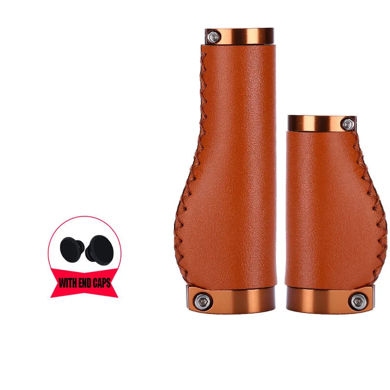 PU Leather Bike Handlebar Grips Vintage Hand Stitched Bicycle Grips Shock Absorbing Handlebar Grip for Bike Cycling Accessories
