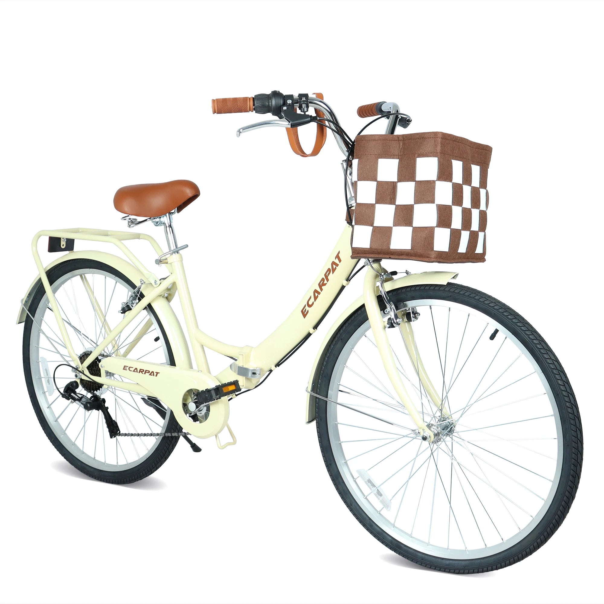 26 Inch Folding Beach Cruiser Bike for Women, 7 Speed Comfortable City Bike with Rear Rack, Cup Holder and Basket, Steel Frame Commuter Foldable Bicycle with Dual V-Brakes for Adults