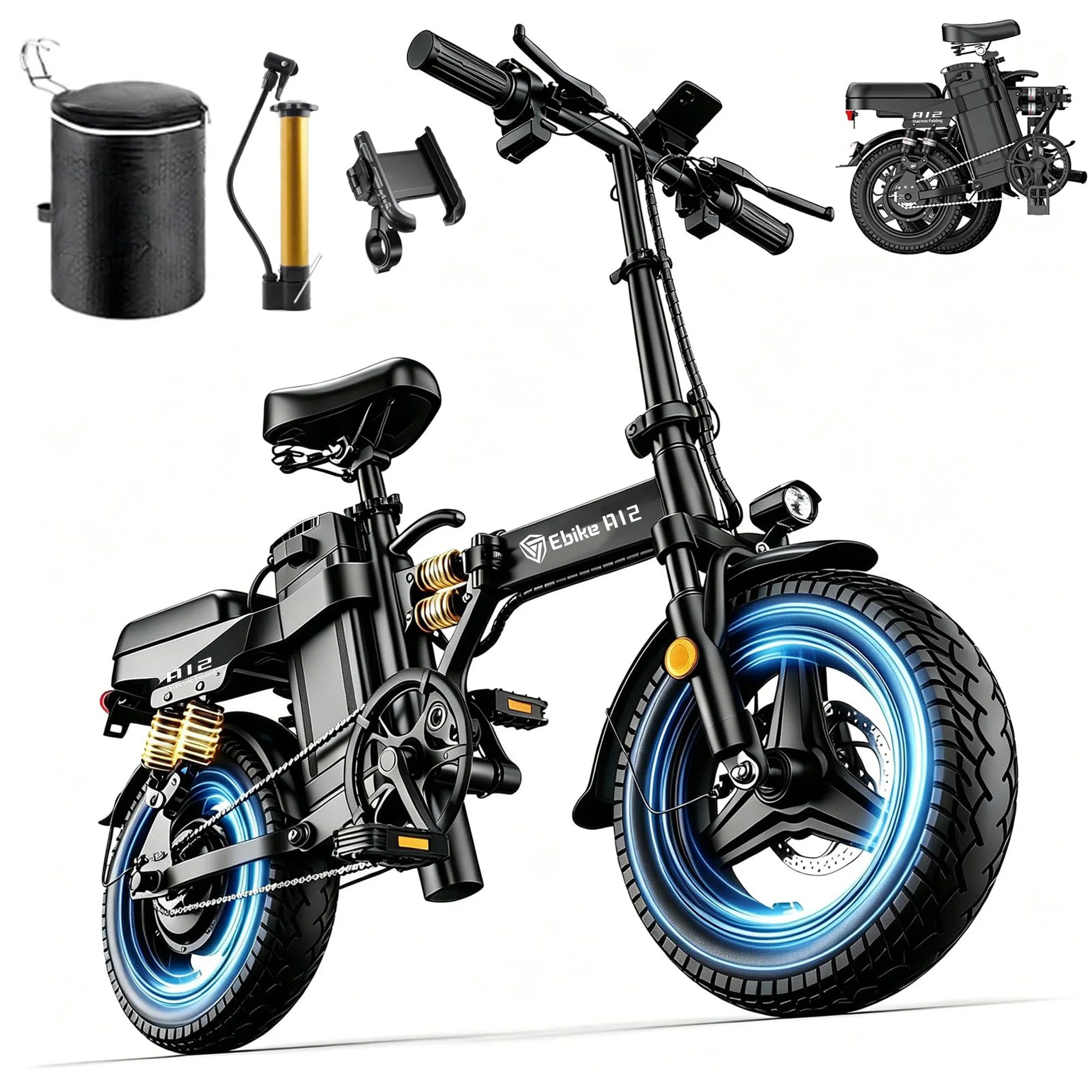 DTTZH A12 Foldable Electric Bike, 1000W Peak 48V15Ah Removable Battery, 14" Folding Commuter E-Bike, 60 Miles Range, UL 2849 Certified, 1 Year Warranty