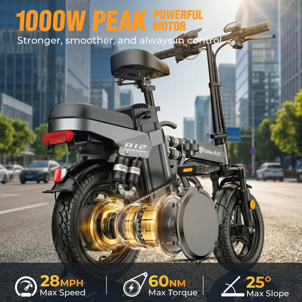 DTTZH A12 Foldable Electric Bike, 1000W Peak 48V15Ah Removable Battery, 14" Folding Commuter E-Bike, 60 Miles Range, UL 2849 Certified, 1 Year Warranty