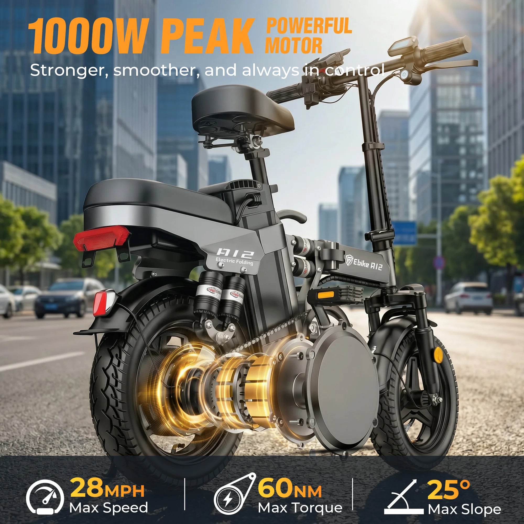 DTTZH A12 Foldable Electric Bike, 1000W Peak 48V15Ah Removable Battery, 14" Folding Commuter E-Bike, 60 Miles Range, UL 2849 Certified, 1 Year Warranty