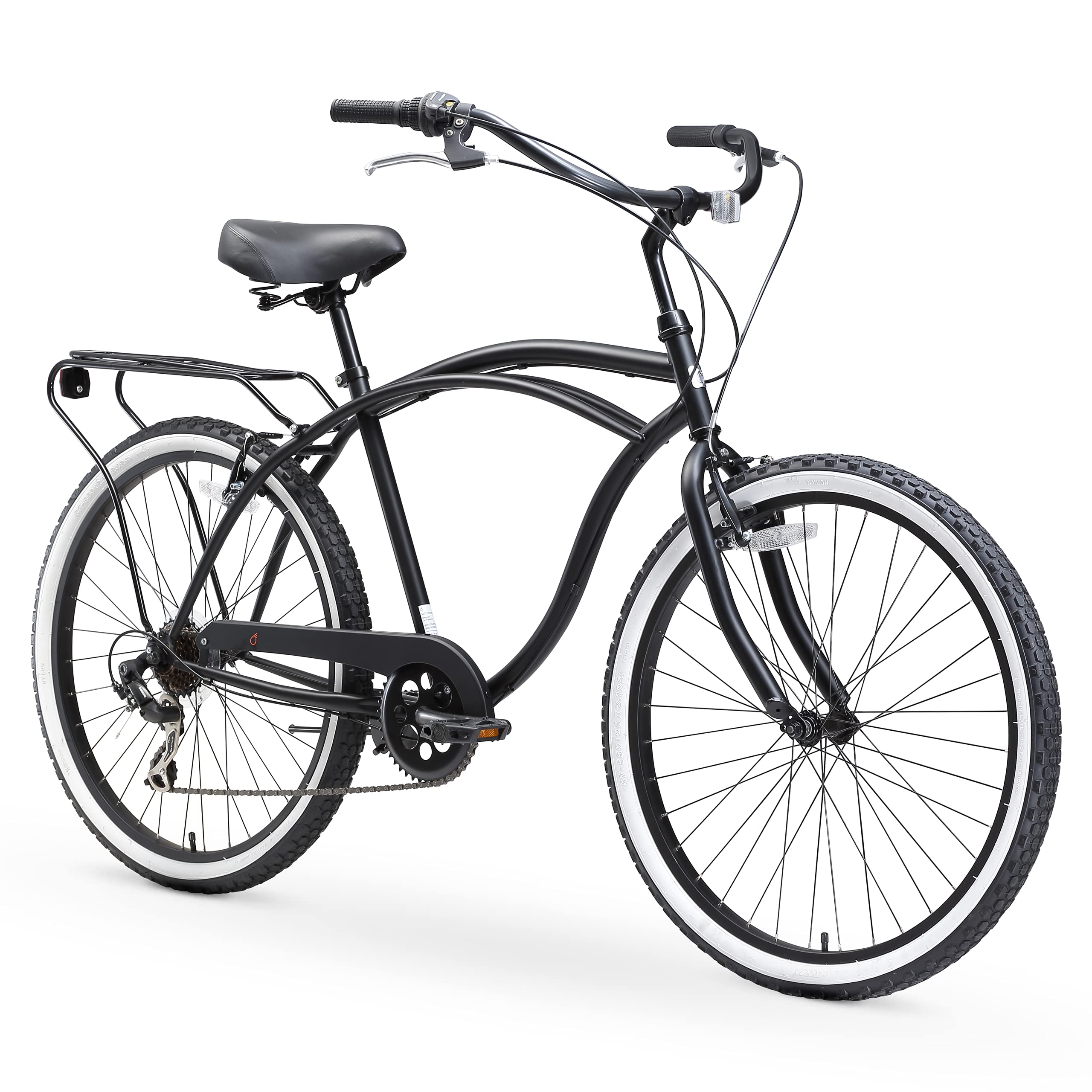 sixthreezero Around The Block Mens Beach Cruiser Bike 7-Speed Hybrid Bicycle with Rear Rack 26 Inch Wheels Mattte Black