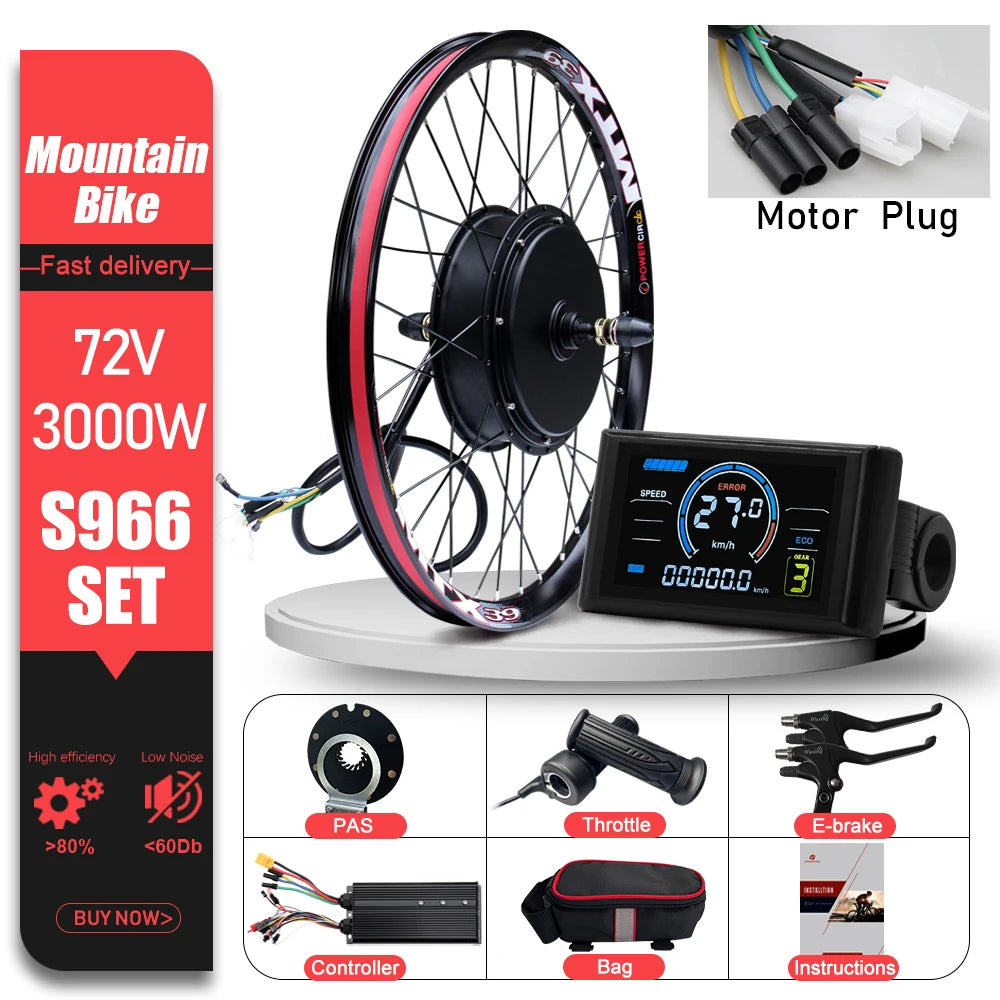 72V 3000W MTX39 E-Bike Conversion Kit – Brushless Gearless Rear Hub Motor 26-29" 700C Electric Bicycle