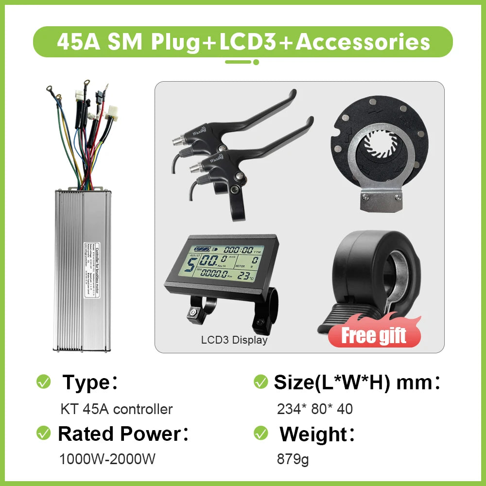 Electric Bike Sine Wave 36V/48V/52V 45A KT Controller with LCD Ddisplay For Ebike Conversion Kit Compatible1000W-2000W Motor