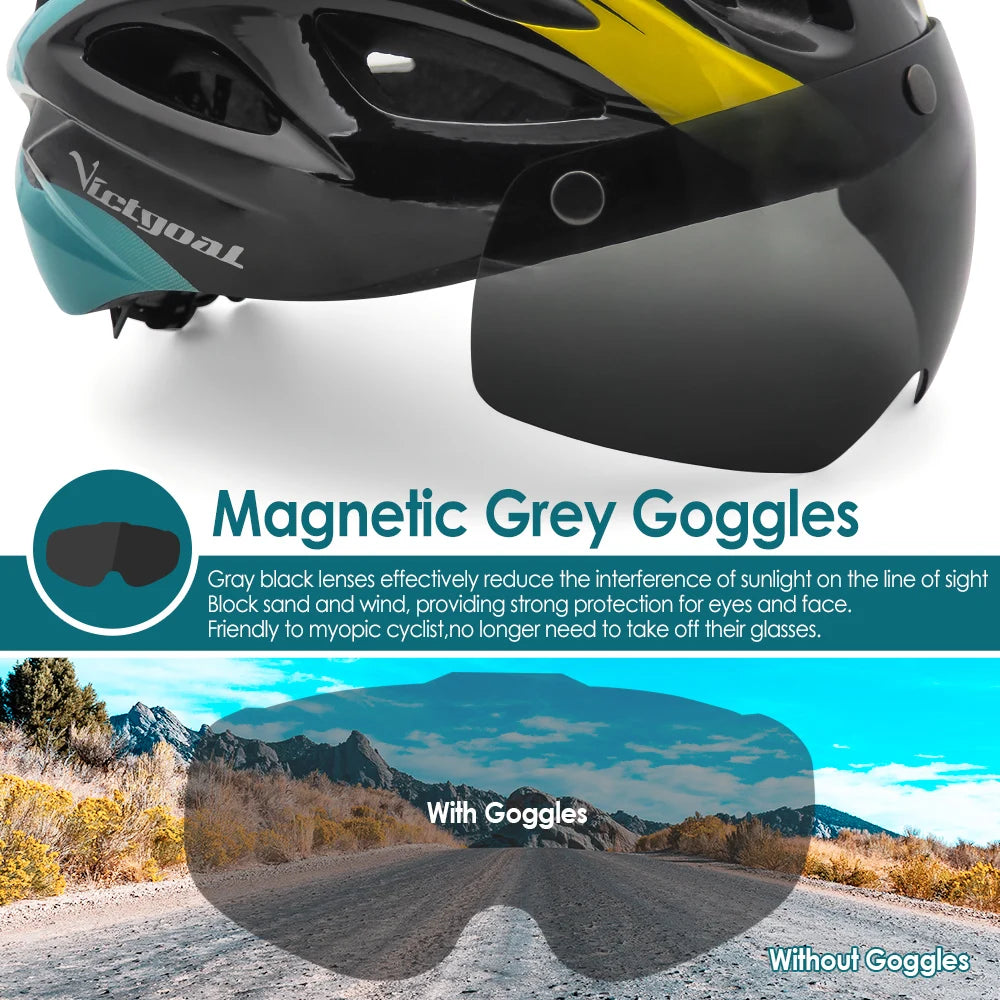 VICTGOAL Adults Bike Helmet Goggles LED Rear Light Men Women Cycling Helmet Road Bicycle Helmets MTB E-Bike Cap Scotter Headgear