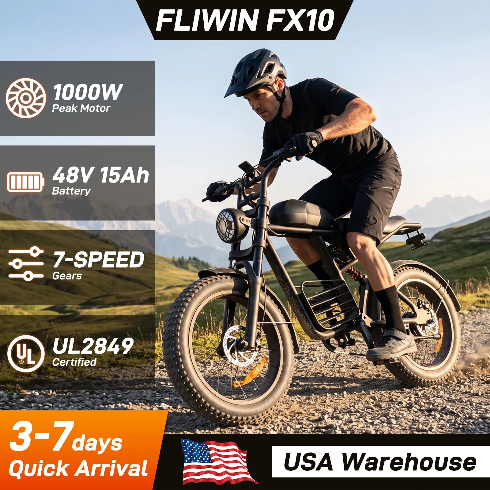 FLIWIN 1000W Peak Electric Bike for Adults - 30MPH Commuter & Off-Road E-Bike, 20" Fat Tire with Removable 48V 15Ah Battery, 7-Speed,UL 2849