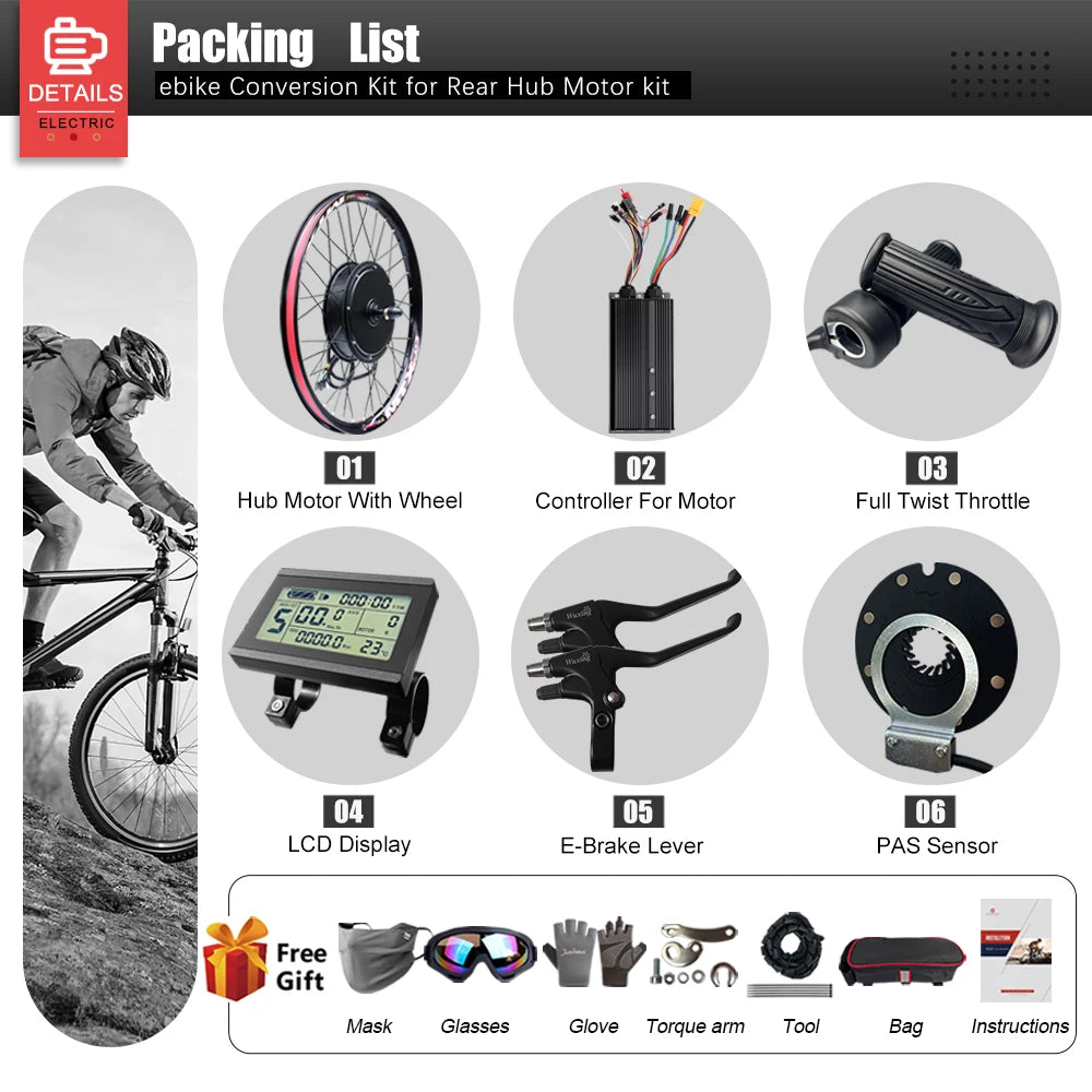 72V 3000W MTX39 E-Bike Conversion Kit – Brushless Gearless Rear Hub Motor 26-29" 700C Electric Bicycle