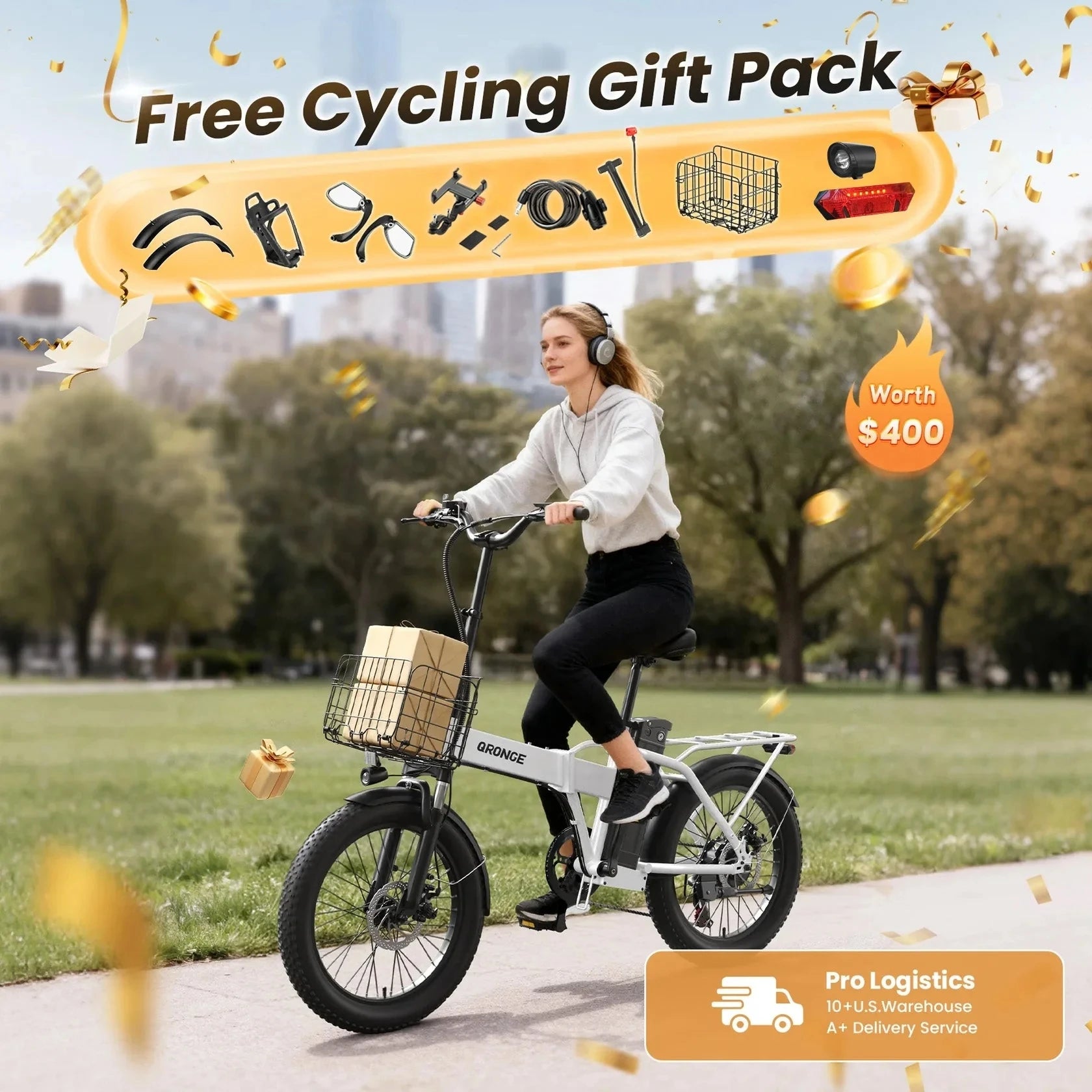 QRONGE Waterfall Folding Electric Bicycle 1000W Peak 48V 13.5AH 20' Fat Tire Electric Bike 70 Max Miles E-bike Commute 28MPH Max
