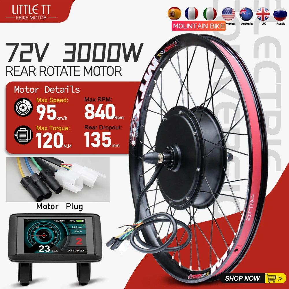 72V 3000W MTX39 E-Bike Conversion Kit – Brushless Gearless Rear Hub Motor 26-29" 700C Electric Bicycle