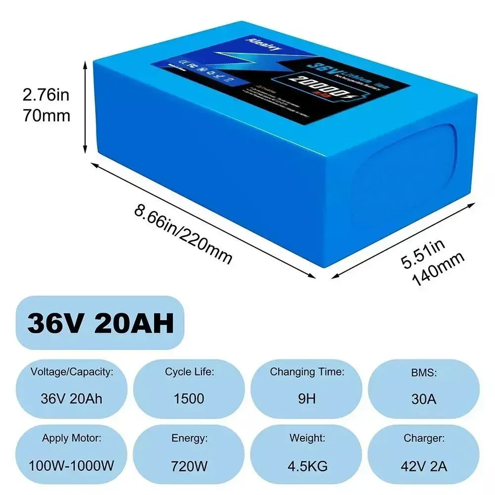 Aleaviy 36V 20Ah Electric Bike Lithium Battery Pack 20000mAh Li Ion Ebike Battery for Bicycle Scooter Motorcycle with Charger