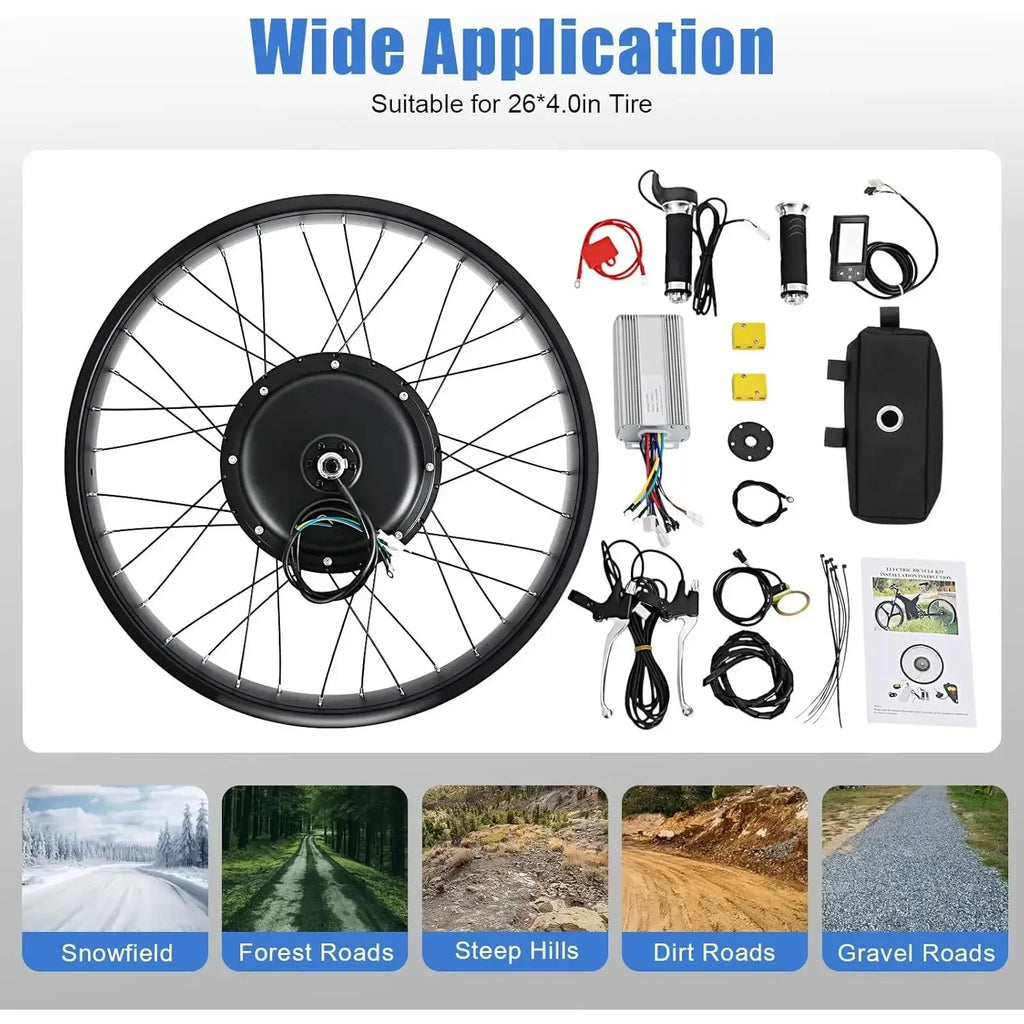 48V 1500W Electric Bike Conversion Kit 26" Snow Tire Rear Wheel Rotating Hub Motor LCD Display Controller Bag for E-Bike DIY