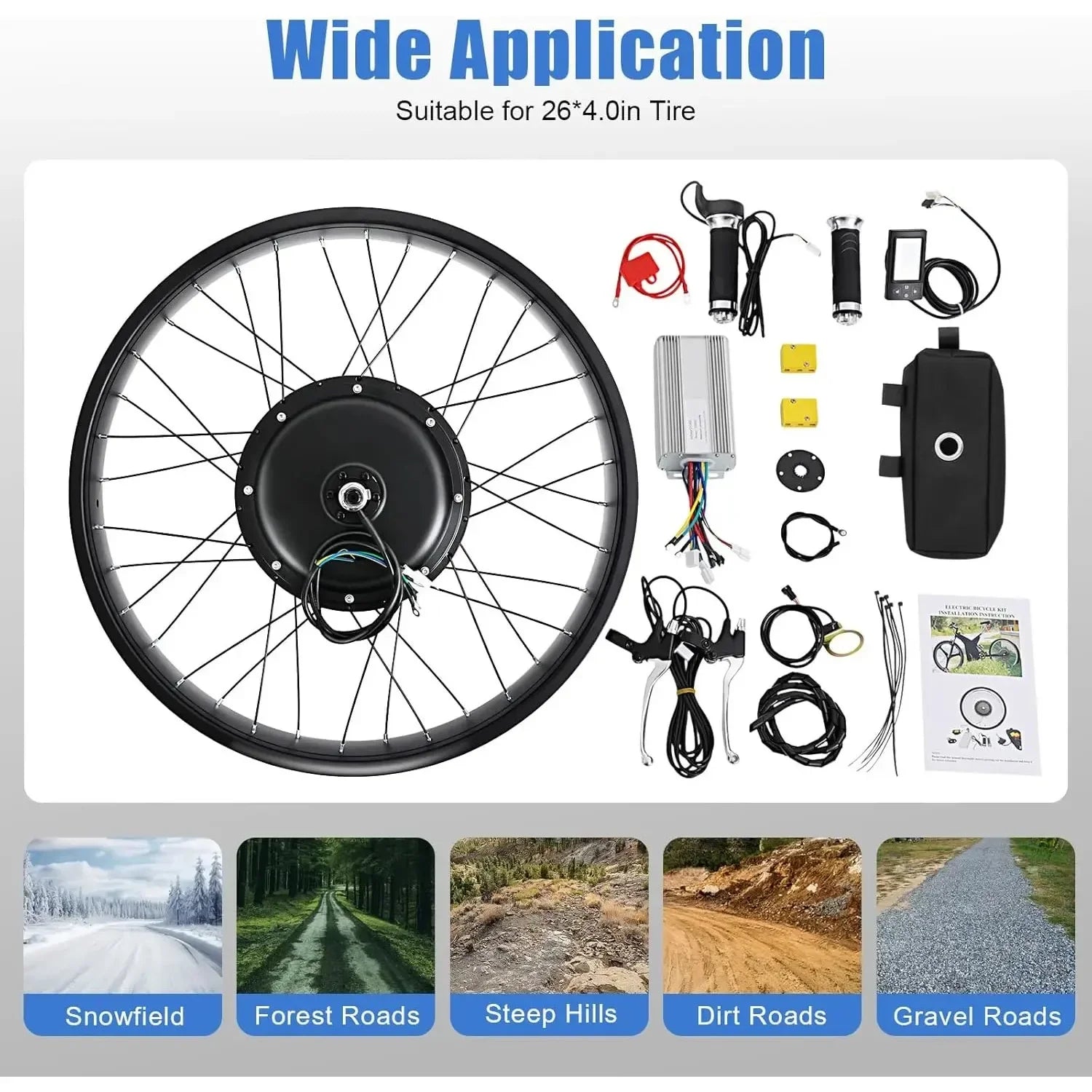 48V 1500W Electric Bike Conversion Kit 26" Snow Tire Rear Wheel Rotating Hub Motor LCD Display Controller Bag for E-Bike DIY