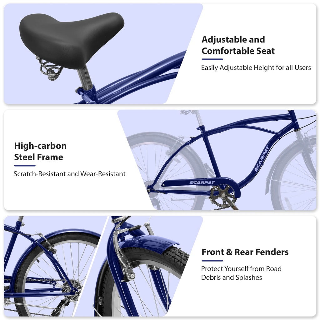 26 Inch Beach Cruiser Bike for Men Women, 7 Speed Commuter Bicycle with Dual V-Brakes and High-Carbon Steel Frame, Comfortable City Bike for Adult