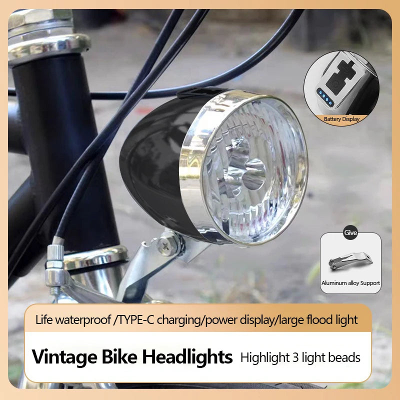Vintage Bicycle Front Light 3 LED Bike Headlight MTB Flashlight Retro Design Cycling Head Lamp for Night Riding Black Silver