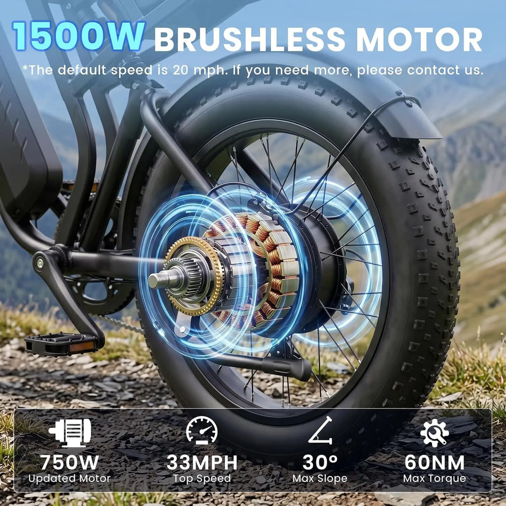 Electric Bike for Adults, 1500W Peak Motor，48V 15Ah，Removable Battery | 20" Fat Tire All-Terrain E-Bike, Dual, Customized