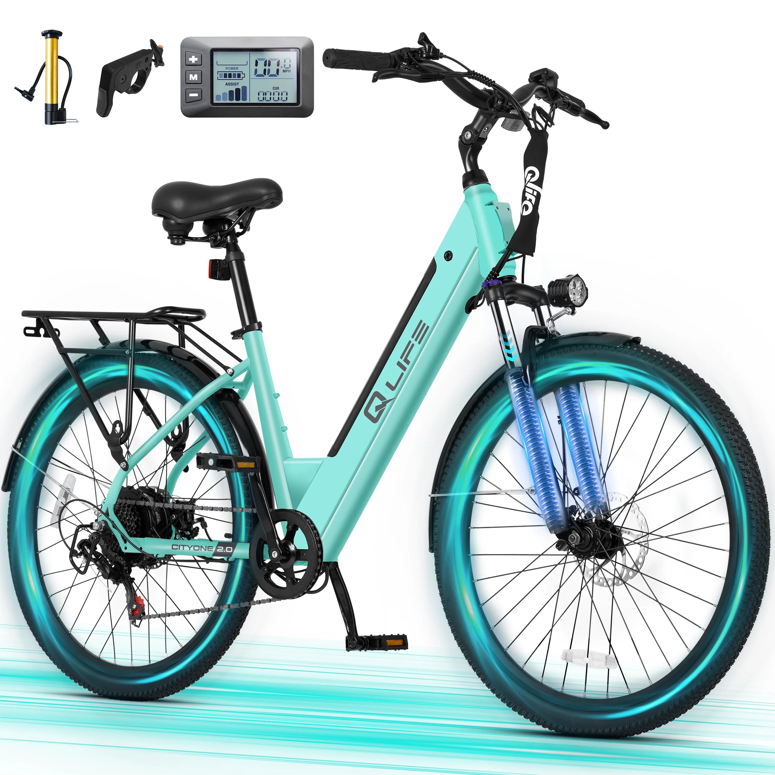 Qlife Cityone 2.0  26" Electric Bike for Adults, 1200W Peak Motor 48V 10.4Ah Battery, 28MPH 55 Miles, 7-Speed Electric Bicycle with Front Suspension