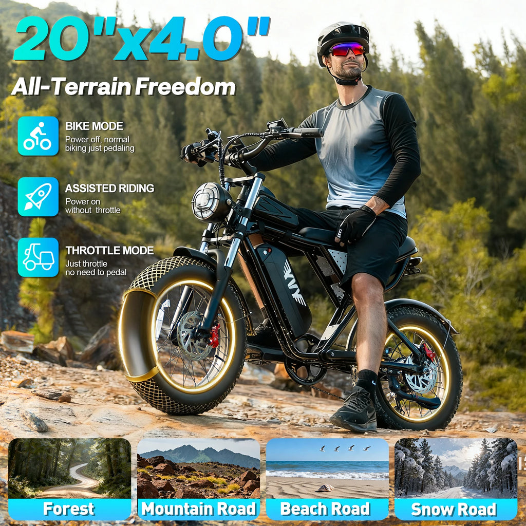 YVY K20 Lite 1200W Electric Bike for Adults 30MPH 48V 15.6Ah Off-road Trail 20*4 Inch Fat Tire E Bike 7 Speed Mountain Bike