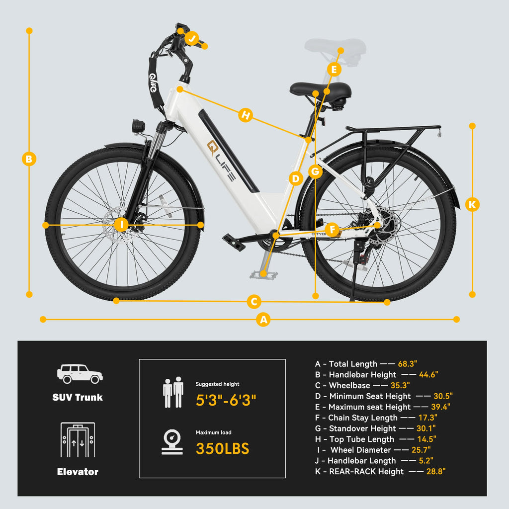 Qlife Cityone 2.0  26" Electric Bike for Adults, 1200W Peak Motor 48V 10.4Ah Battery, 28MPH 55 Miles, 7-Speed Electric Bicycle with Front Suspension