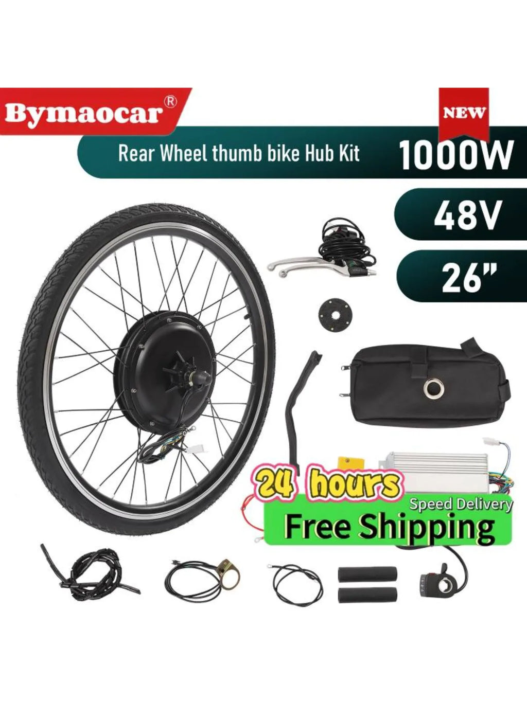 Electric Bike Kit Rear Wheel 26inch 48V 1000W, Thumb Throttle, Aluminum Alloy, Rust Resistant, Complete DIY Electric Bike Conversion Accessories