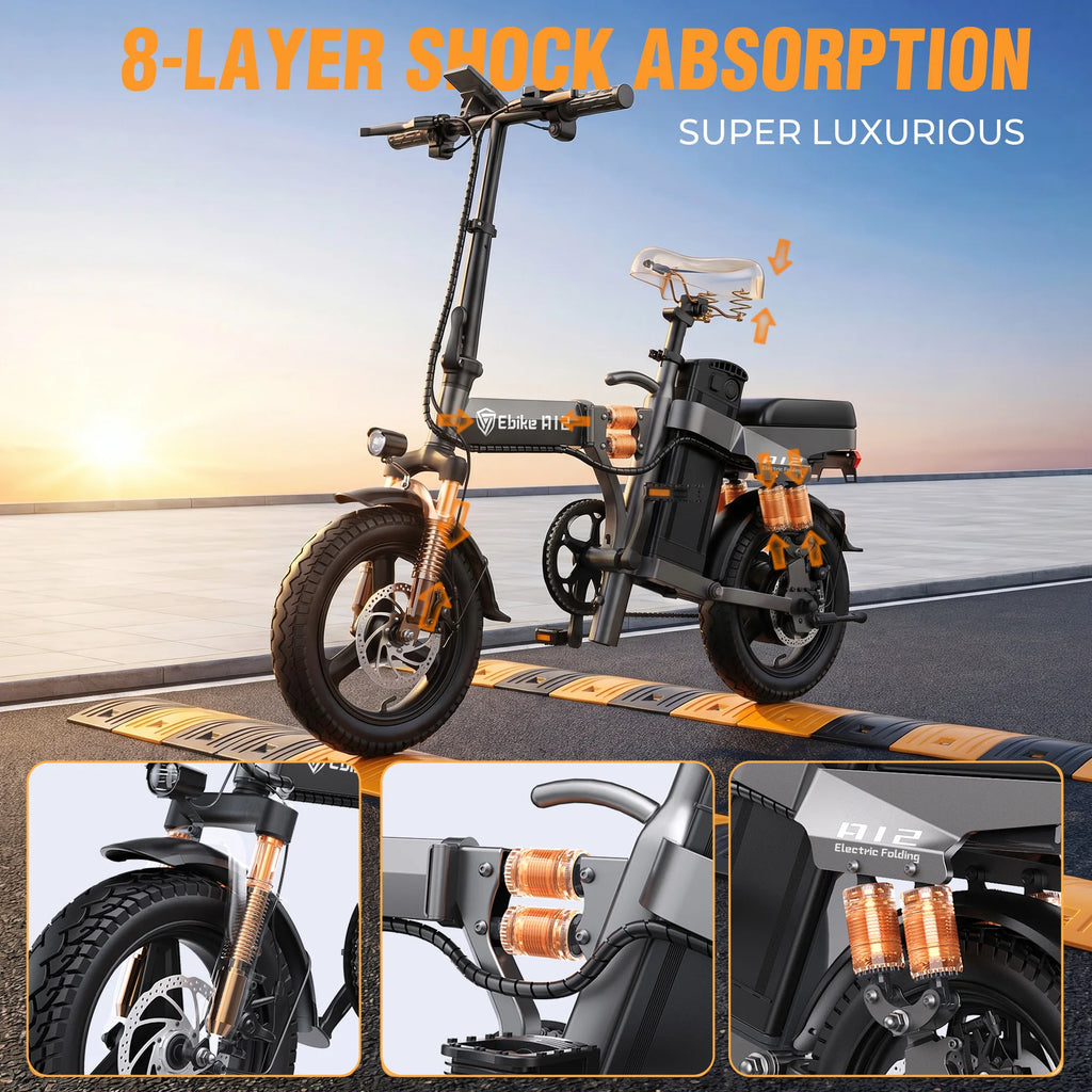 DTTZH A12 Foldable Electric Bike, 1000W Peak 48V15Ah Removable Battery, 14" Folding Commuter E-Bike, 60 Miles Range, UL 2849 Certified, 1 Year Warranty