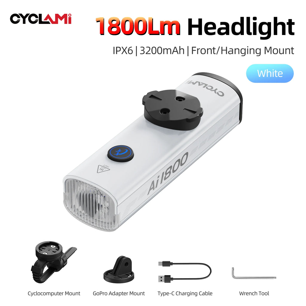 CYCLAMI 1200/1800 Lumen Bicycle Headlight Ultra-lightweight Hanging Front Light Lamp Aluminum Alloy MTB Road Bike AI1200 AI1800