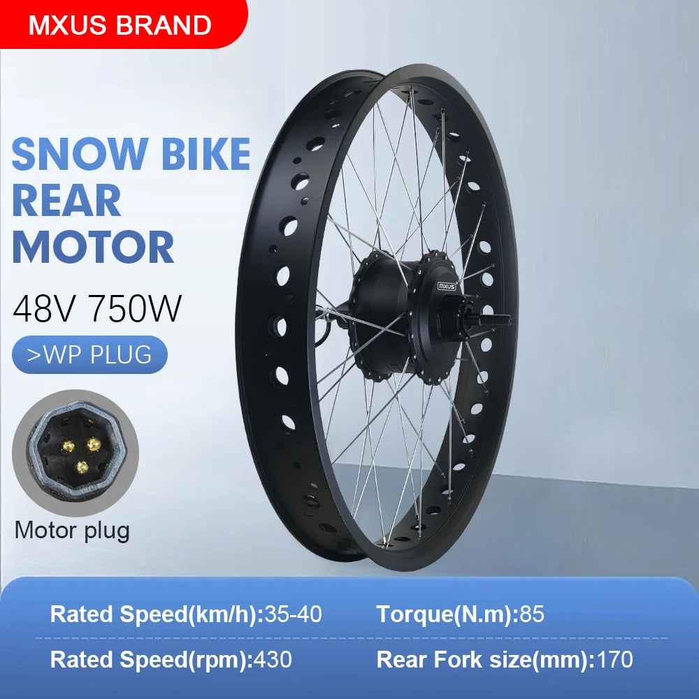 48V 750W Fat Tire E-Bike Conversion Kit – 4.0" Rear Brushless Gear Hub Motor Wheel 20/24/26 Inch Snow Ebike