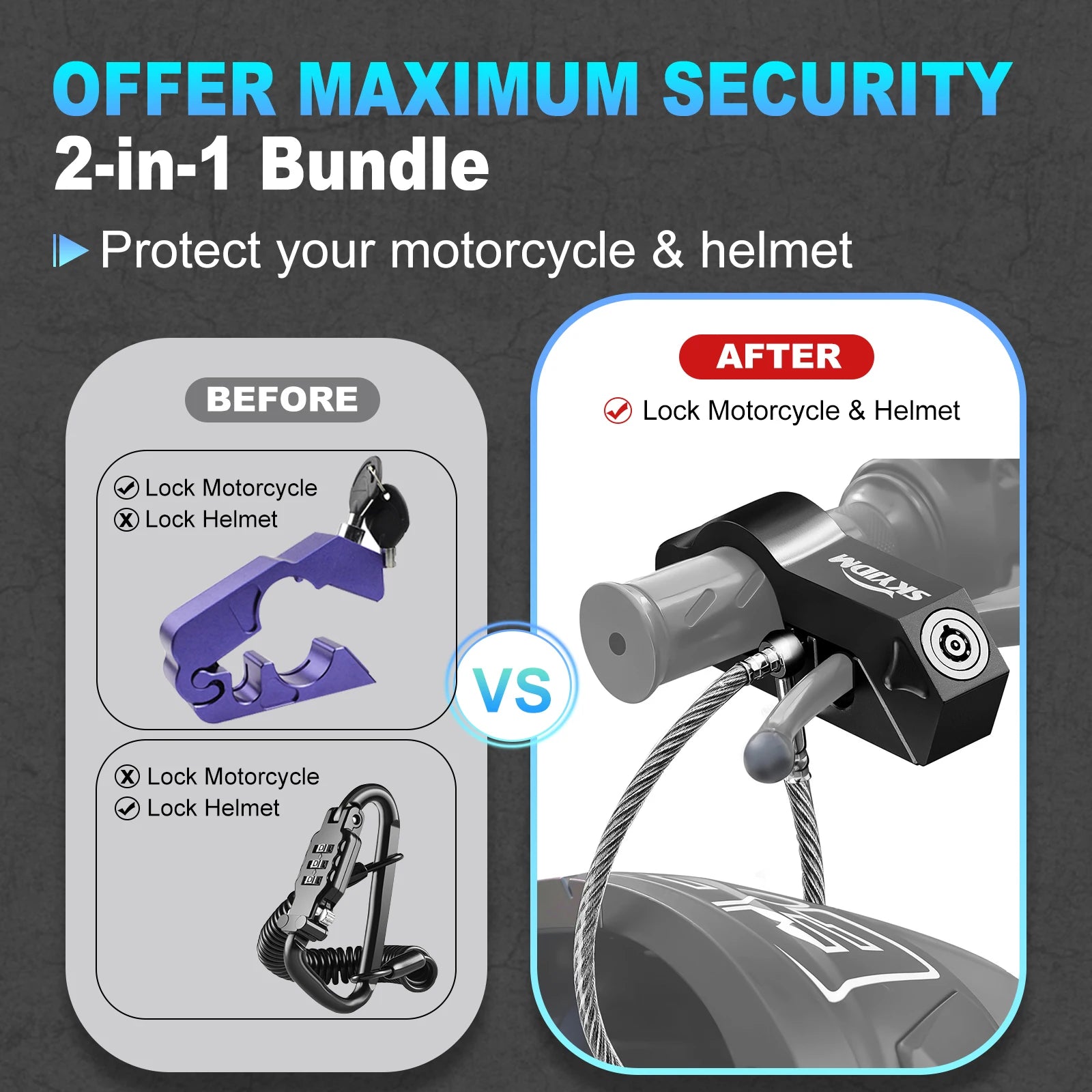 Motorcycle handlebars Locks Motorcycle Helmet & Lock Brake Lock Anti-Theft Grip Lock Combo for all Motorcycle Bike ATV Scooter