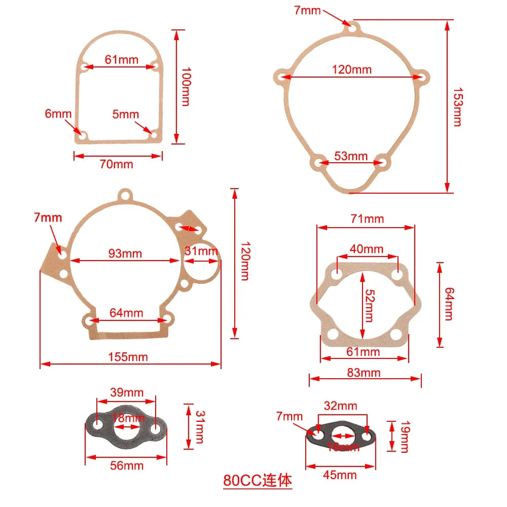 80cc Gasket Set Kit for 49cc Motorized Bicycle Engine Cylinder Crankcase Engine Part for Push Bike