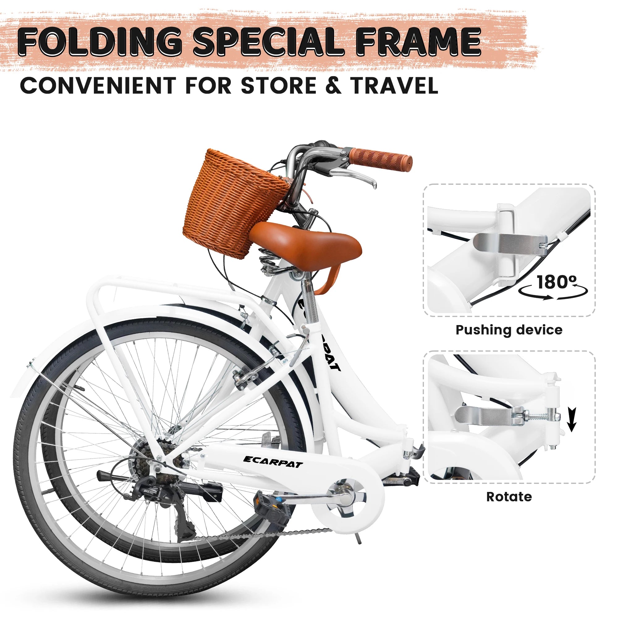 26 Inch Folding Beach Cruiser Bike for Women, 7 Speed Comfortable City Bike with Rear Rack, Cup Holder and Basket, Steel Frame Commuter Foldable Bicycle with Dual V-Brakes for Adults