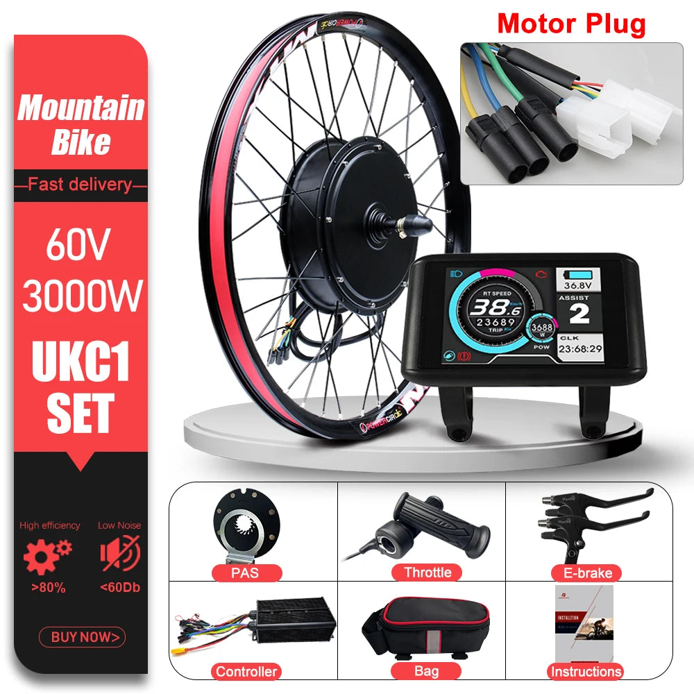 60V 3000W E-Bike Conversion Kit – 26-29" 700C Rear Brushless Hub Motor Wheel with UKC1 Display