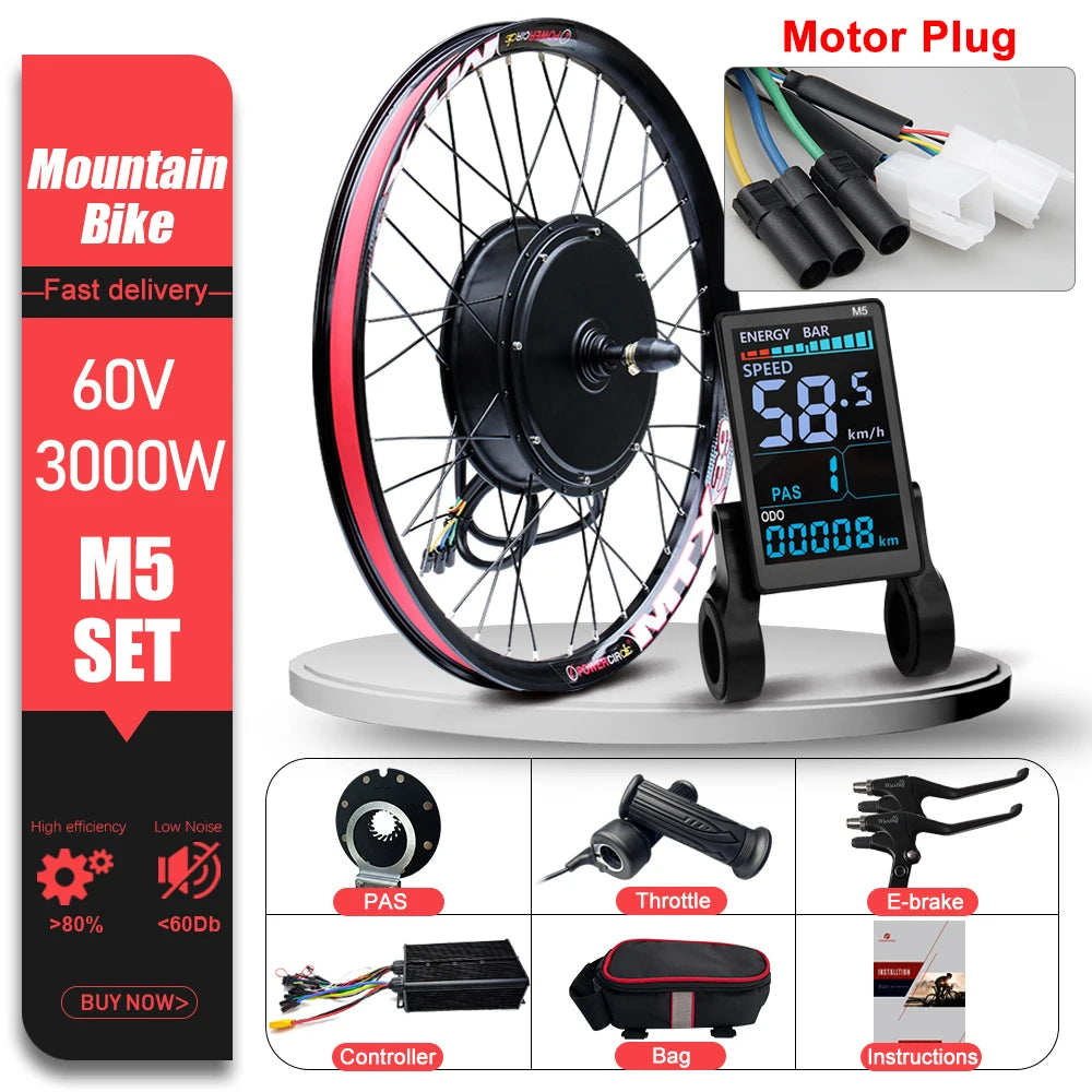60V 3000W E-Bike Conversion Kit – 26-29" 700C Rear Brushless Hub Motor Wheel with UKC1 Display