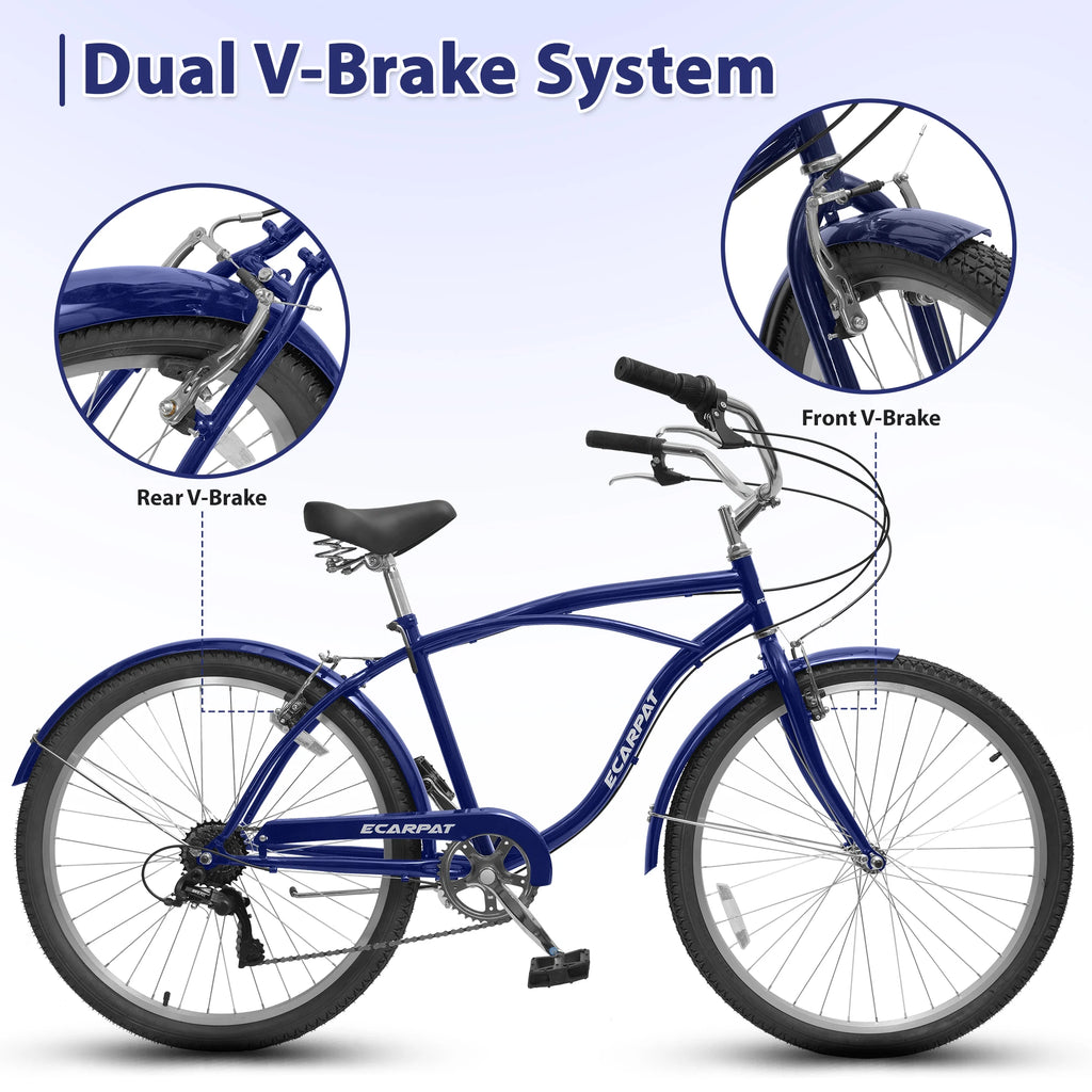 26 Inch Beach Cruiser Bike for Men Women, 7 Speed Commuter Bicycle with Dual V-Brakes and High-Carbon Steel Frame, Comfortable City Bike for Adult