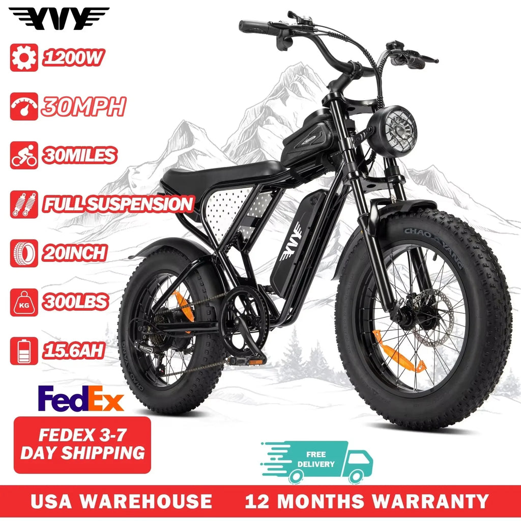 YVY K20 Lite 1200W Electric Bike for Adults 30MPH 48V 15.6Ah Off-road Trail 20*4 Inch Fat Tire E Bike 7 Speed Mountain Bike