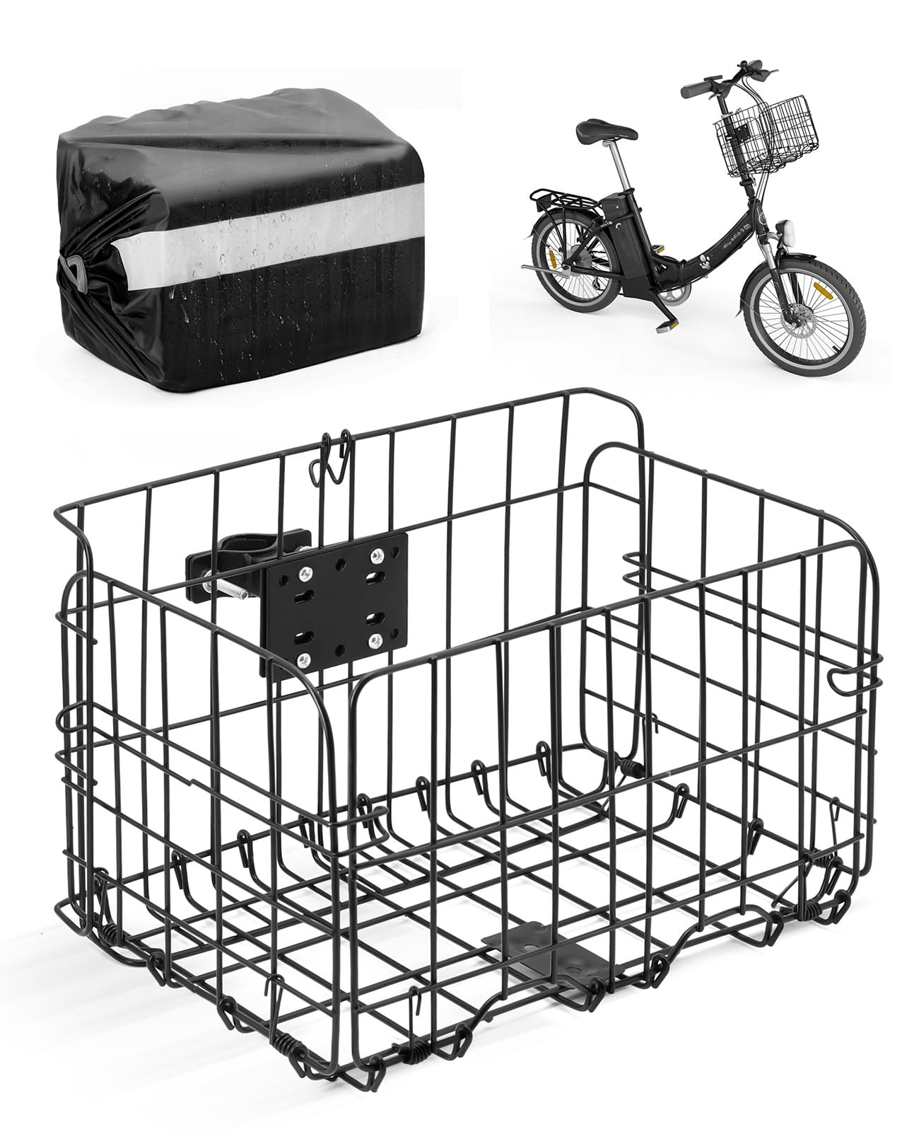 ANZOME Folding Bike Basket Front Metal Bicycle Basket with a Fixed Holder and Waterproof Rainproof Cover Rust-Resistant Electric Bicycle Front Baskets Accessories for Women and Men