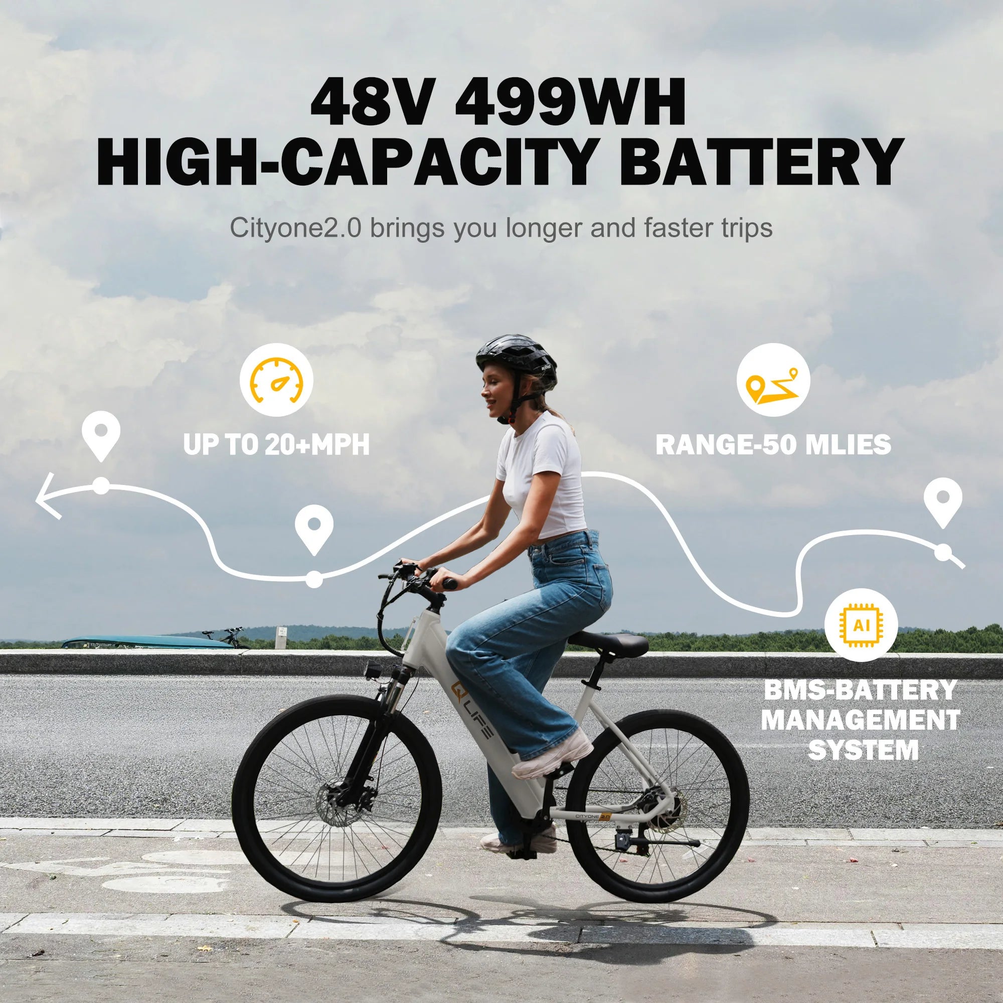 Qlife Cityone 2.0  26" Electric Bike for Adults, 1200W Peak Motor 48V 10.4Ah Battery, 28MPH 55 Miles, 7-Speed Electric Bicycle with Front Suspension