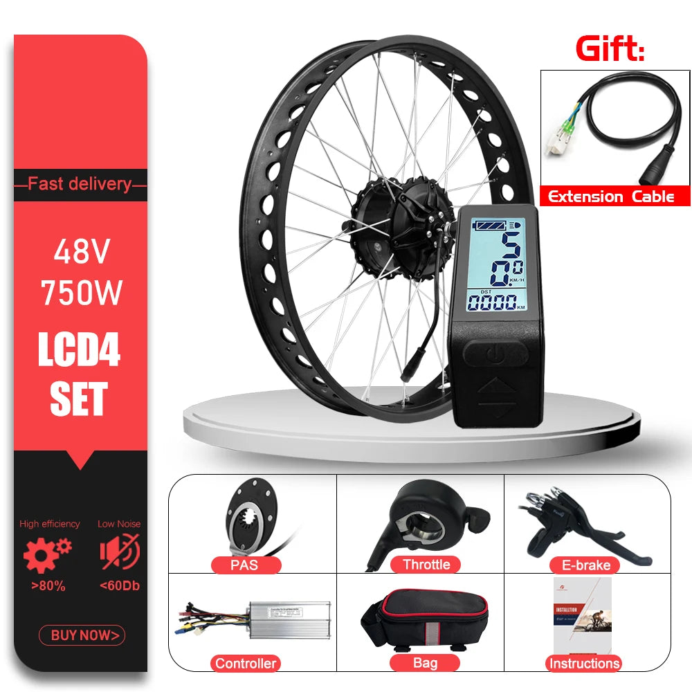 Electric Bike Fat-bike Conversion Kit 48V 750W 20’24’26in 4.0Tyre Brushless Rear Wheel Hub Motor For Snow Electric Bicycle Kit