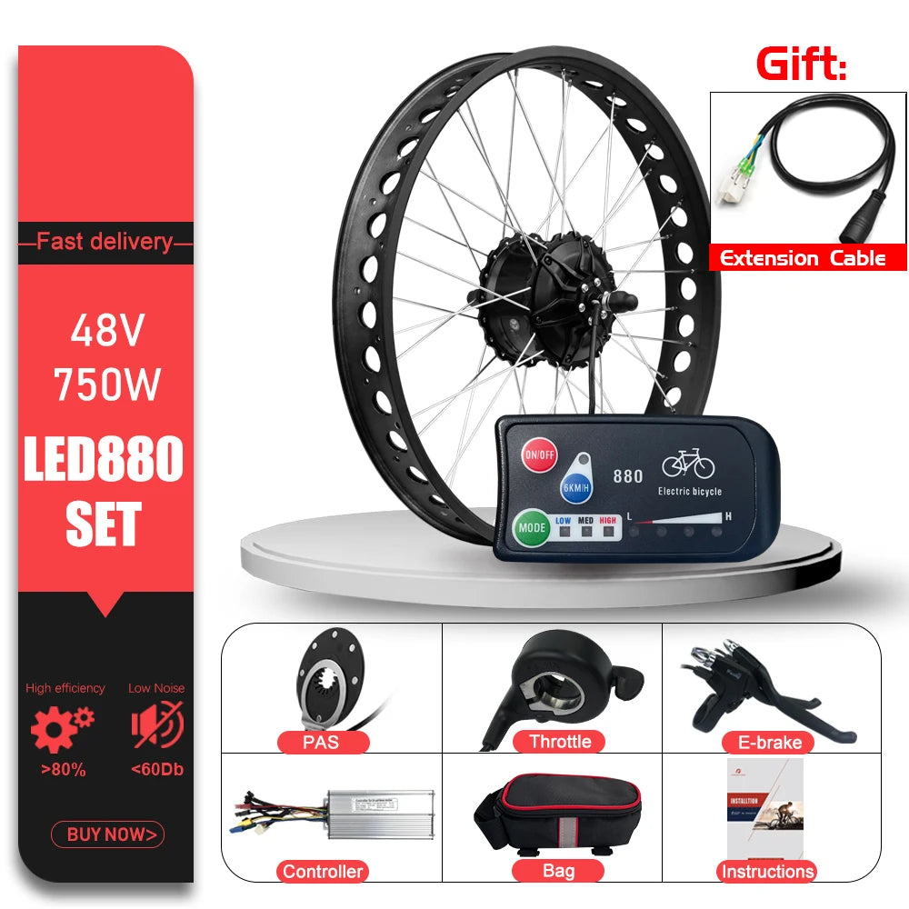 Electric Bike Fat-bike Conversion Kit 48V 750W 20’24’26in 4.0Tyre Brushless Rear Wheel Hub Motor For Snow Electric Bicycle Kit