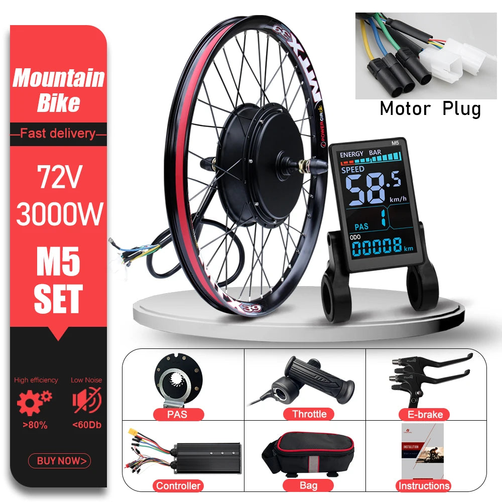 72V 3000W MTX39 E-Bike Conversion Kit – Brushless Gearless Rear Hub Motor 26-29" 700C Electric Bicycle