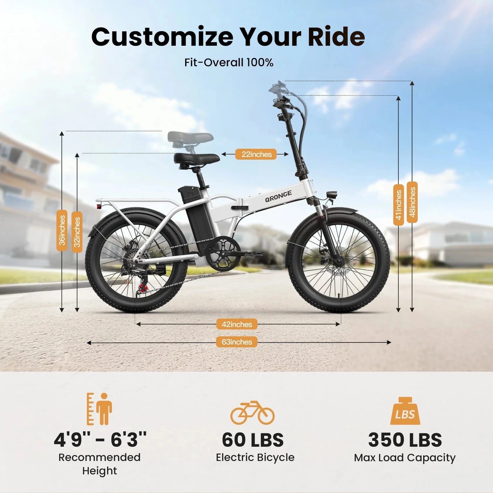 QRONGE Waterfall Folding Electric Bicycle 1000W Peak 48V 13.5AH 20' Fat Tire Electric Bike 70 Max Miles E-bike Commute 28MPH Max