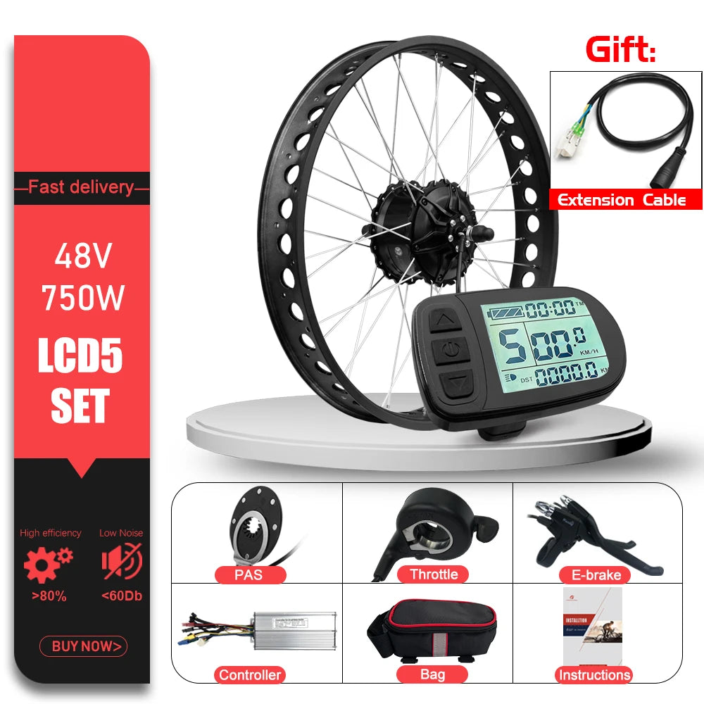 Electric Bike Fat-bike Conversion Kit 48V 750W 20’24’26in 4.0Tyre Brushless Rear Wheel Hub Motor For Snow Electric Bicycle Kit