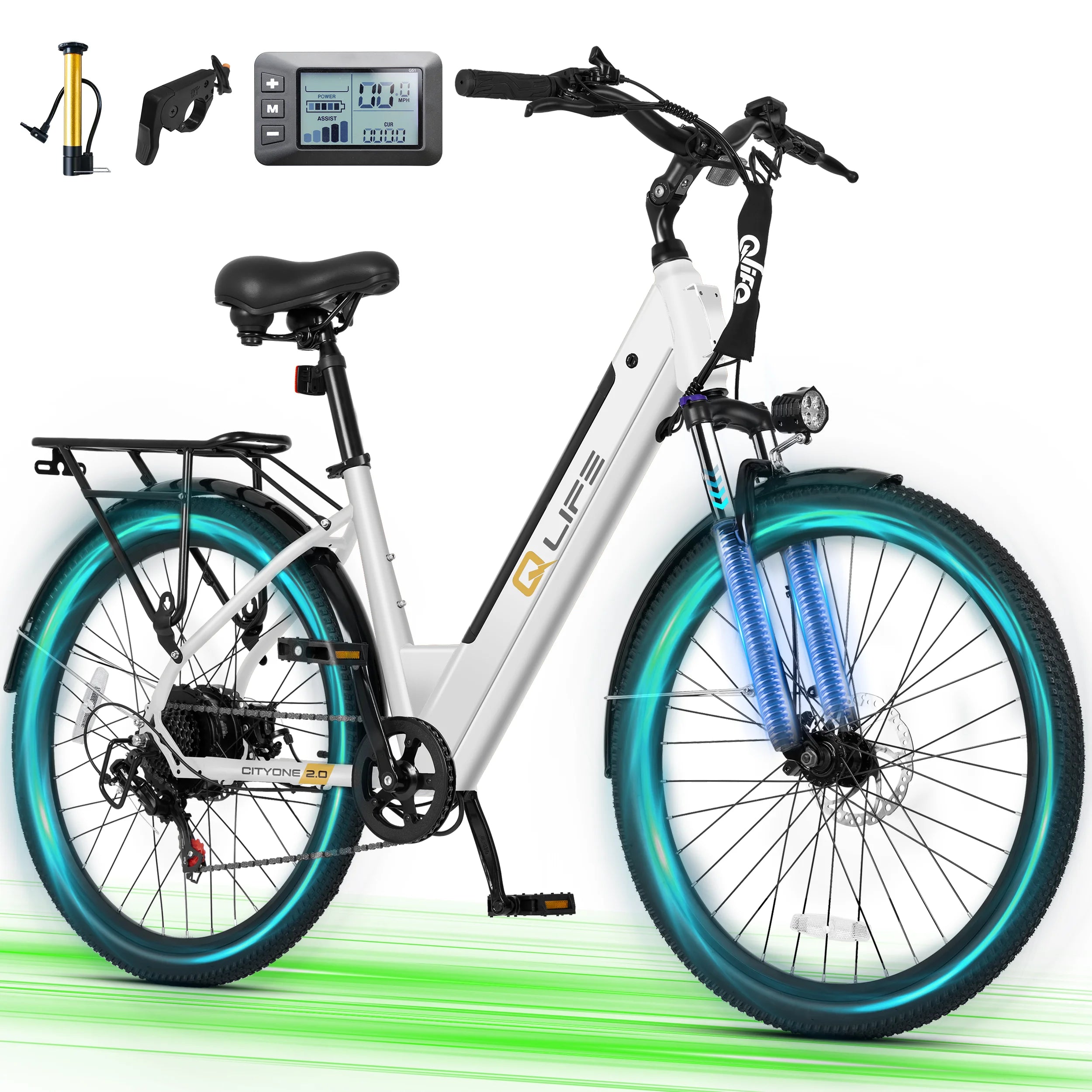 Qlife Cityone 2.0  26" Electric Bike for Adults, 1200W Peak Motor 48V 10.4Ah Battery, 28MPH 55 Miles, 7-Speed Electric Bicycle with Front Suspension