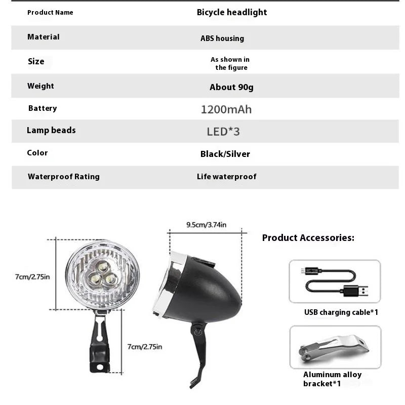 1set Retro Bicycle Headlight 3 Light Modes Front Light Type-C Charging Vintage Classic Bikes HeadLamp Cycling Accessories