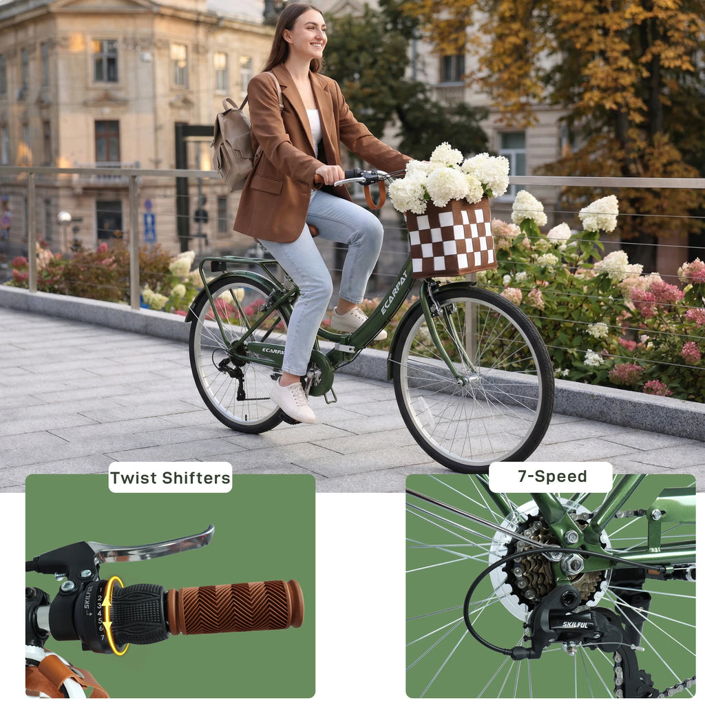 26 Inch Folding Beach Cruiser Bike for Women, 7 Speed Comfortable City Bike with Rear Rack, Cup Holder and Basket, Steel Frame Commuter Foldable Bicycle with Dual V-Brakes for Adults
