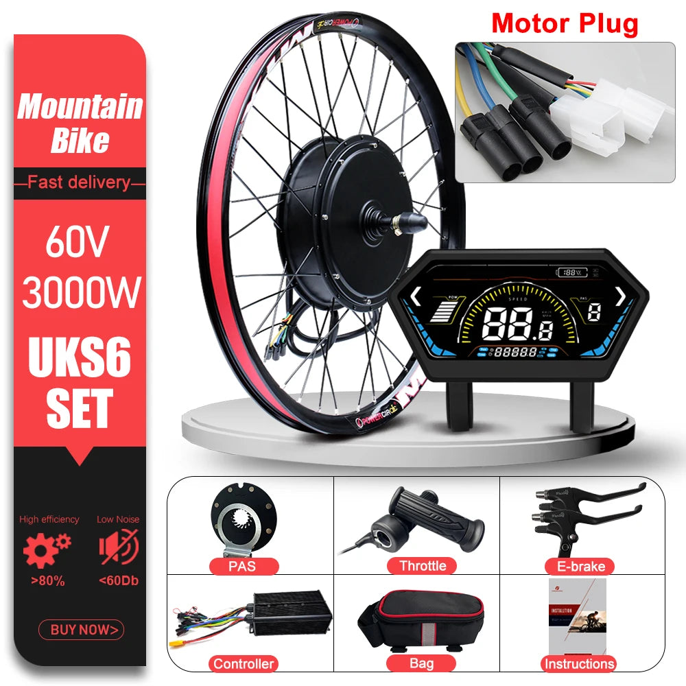 60V 3000W E-Bike Conversion Kit – 26-29" 700C Rear Brushless Hub Motor Wheel with UKC1 Display