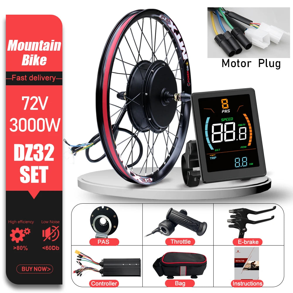72V 3000W MTX39 E-Bike Conversion Kit – Brushless Gearless Rear Hub Motor 26-29" 700C Electric Bicycle