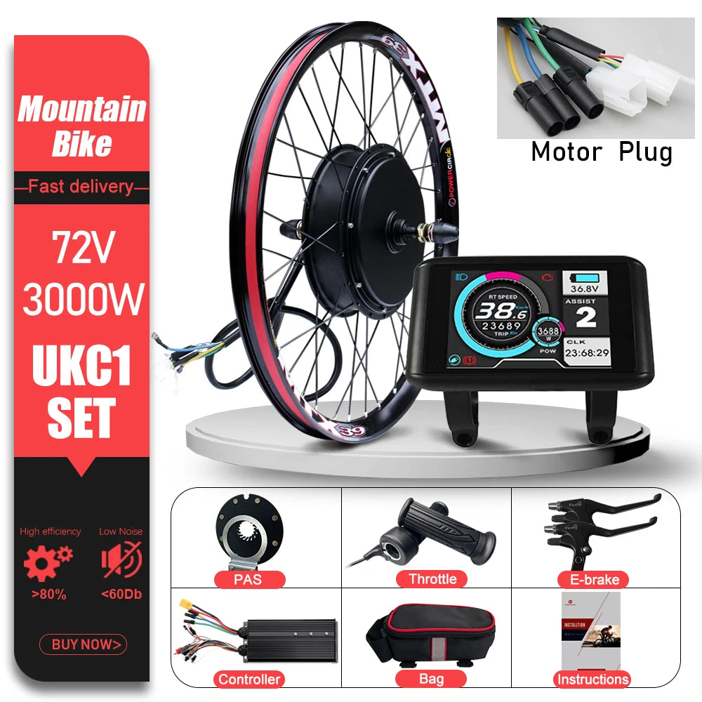 72V 3000W MTX39 E-Bike Conversion Kit – Brushless Gearless Rear Hub Motor 26-29" 700C Electric Bicycle