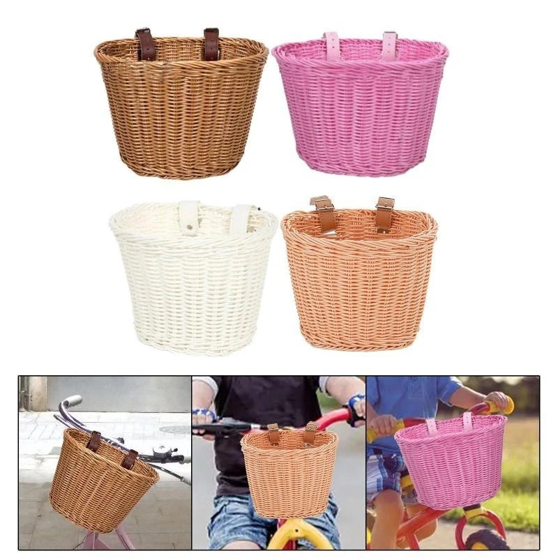 Removable Waterproof Rattan Bike Basket Woven Front Handlebar Storage Pannier Kid Bicycle Carrier Gear