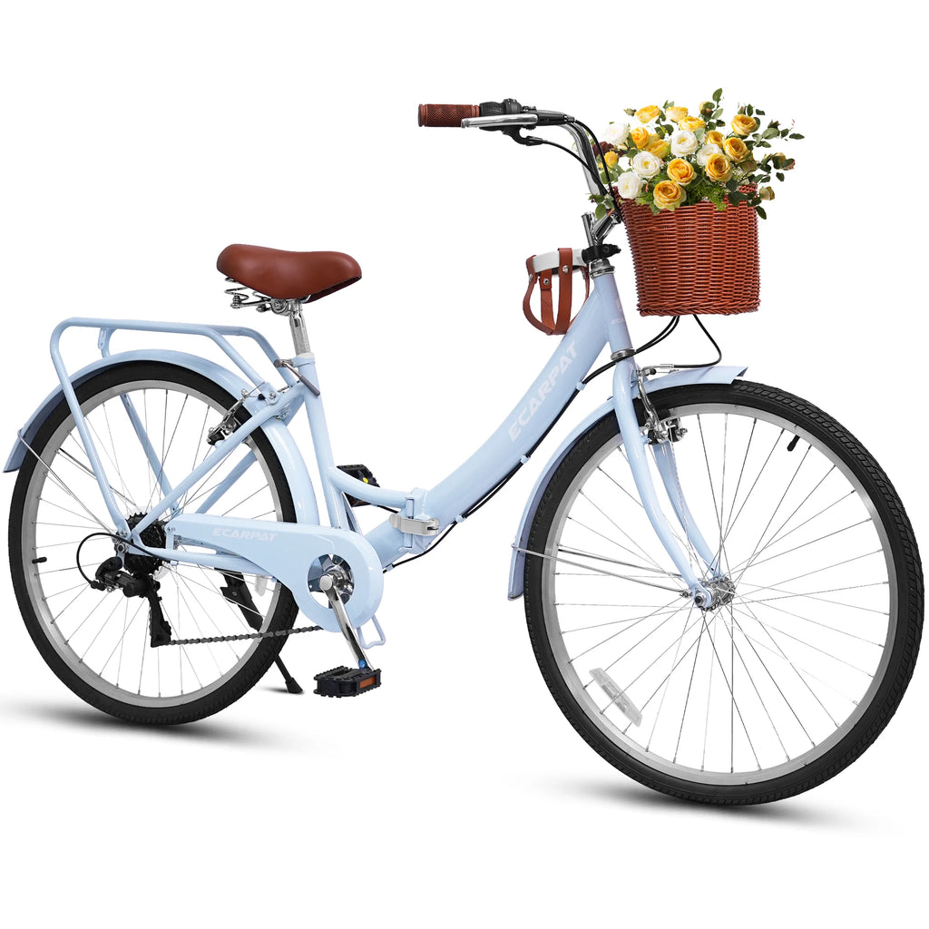 26 Inch Folding Beach Cruiser Bike for Women, 7 Speed Comfortable City Bike with Rear Rack, Cup Holder and Basket, Steel Frame Commuter Foldable Bicycle with Dual V-Brakes for Adults